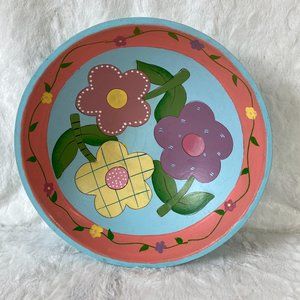 Vintage Folk Art Painted Wood Bowl, Boho Bowl Colorful Floral kitschy Cottage
